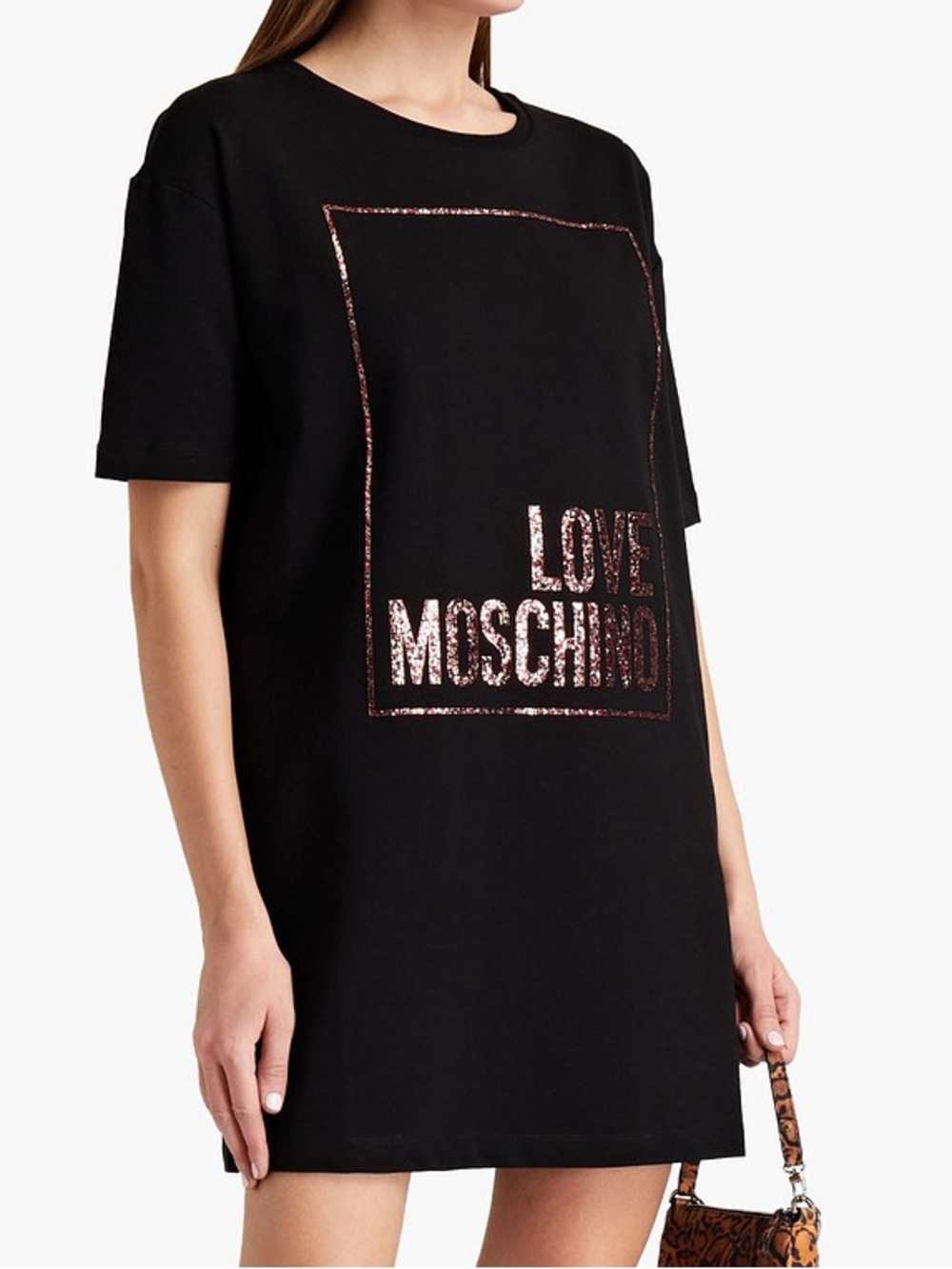 Love Moschino Black Logo T-Shirt Dress Red Multi Glitter Graphic US 6 NWOT